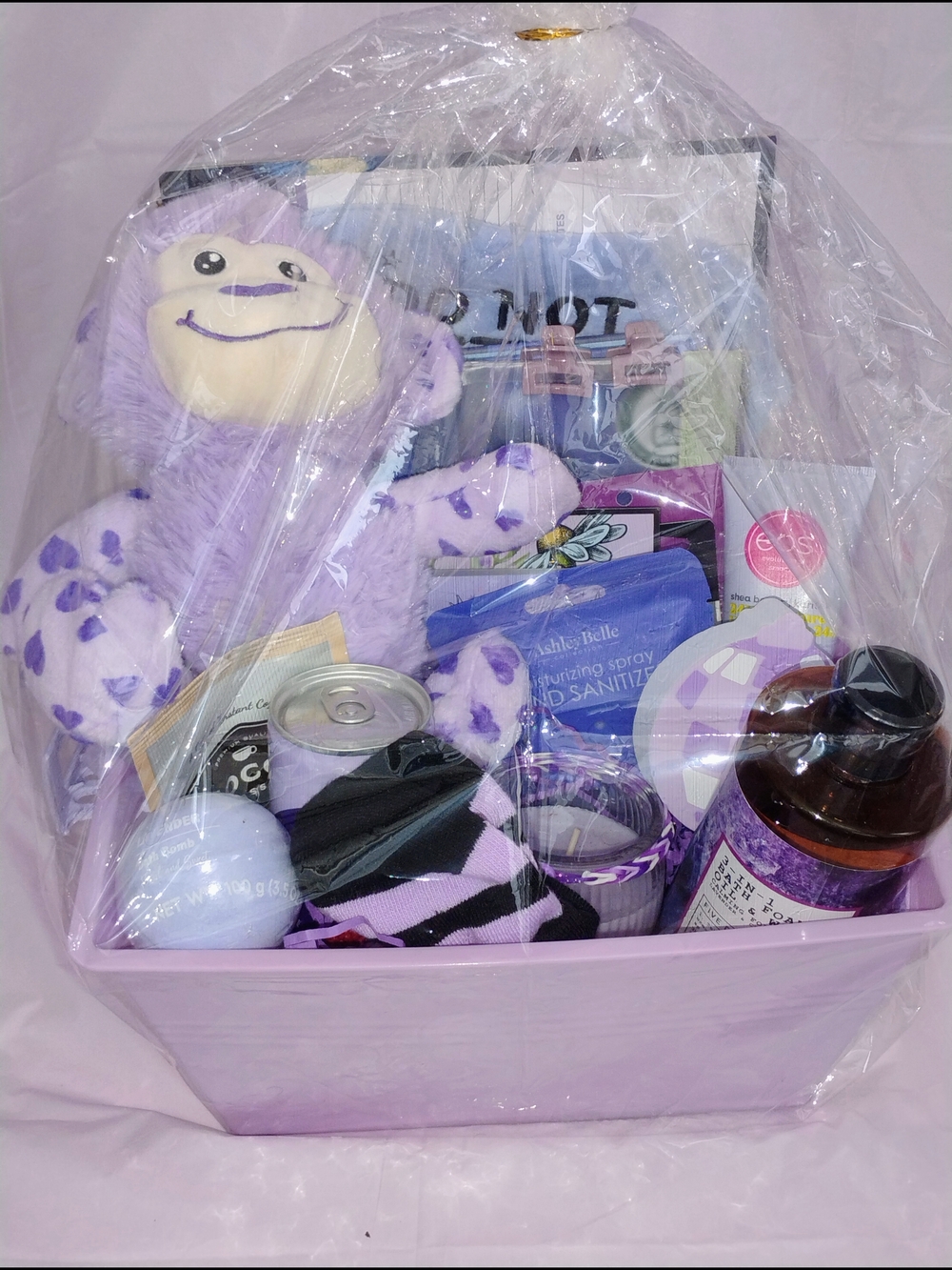 Purple Hug Plush Gift Basket w/ Self-Care Items